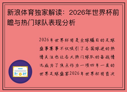新浪体育独家解读：2026年世界杯前瞻与热门球队表现分析
